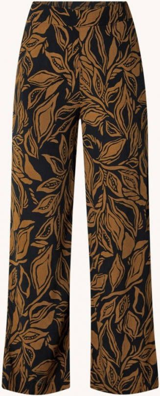 Mango high waist wide leg palazzo broek met bladprint bruin/zwart