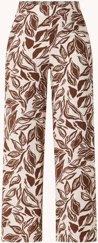 Mango high waist wide leg palazzo broek met bladprint bruin/wit