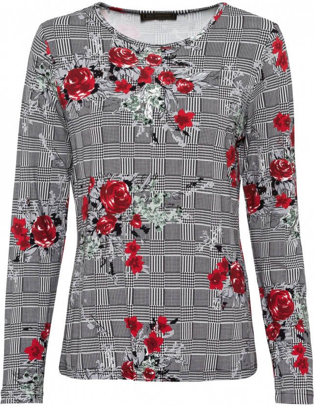 bpc selection Glencheck longsleeve met print, zwart/wit/rood gedessineerd