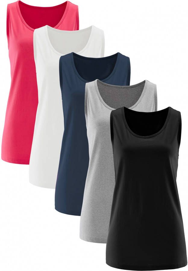 Katoenen longtop (set van 5), hibiscuspink+lichtgrijs gemêleerd+wit+zwart+donkerblauw