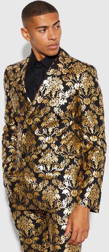 boohoo Baroque Print Slim Fit Colbert Met Dubbele Knopen, Gold