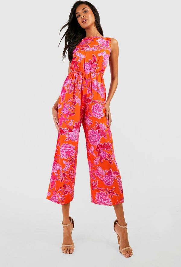 boohoo Bloemen Jumpsuit Met Hoge Hals, Orange