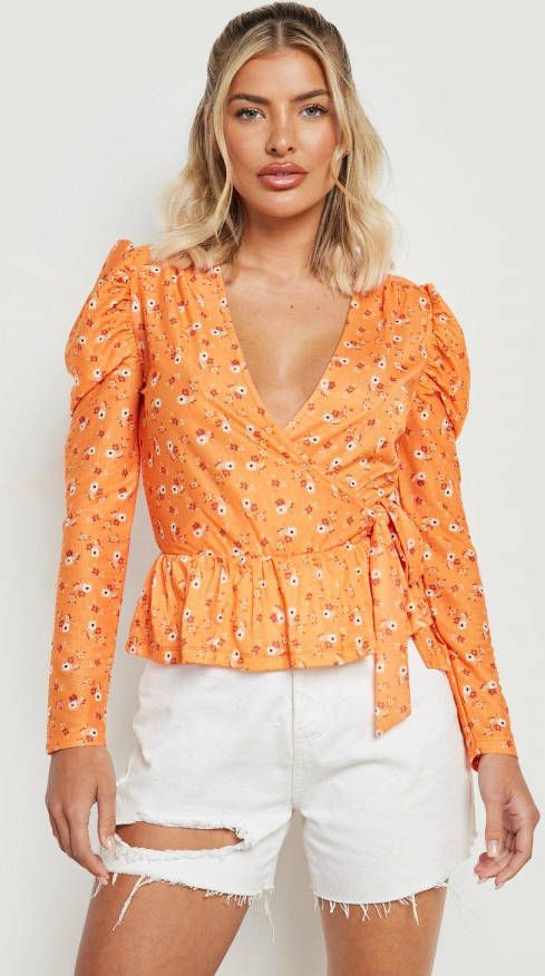 boohoo Bloemen Wikkeltop Met Textuur En Pofmouwen, Orange