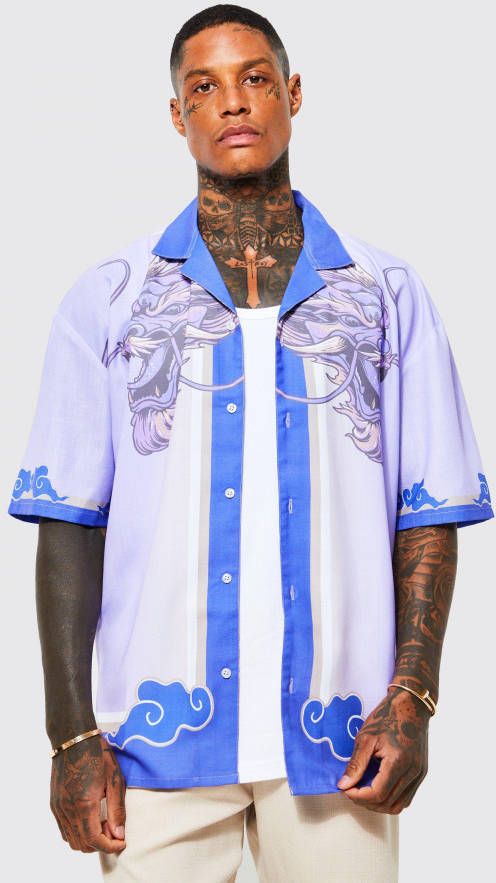 boohoo Oversized Slub Boxy Dragon Overhemd Met Revers Kraag, Purple