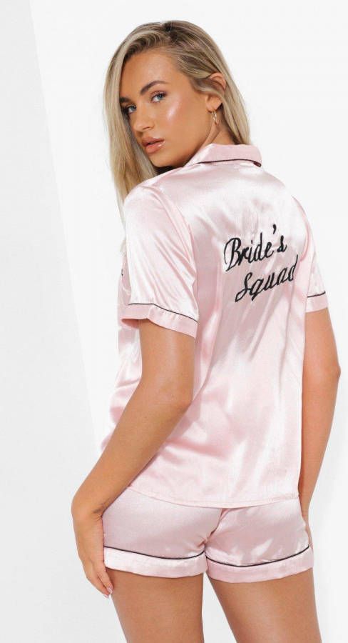 boohoo Satijnen Geborduurde Bride'S Squad Pyjama Set Met Shorts, Rose Gold
