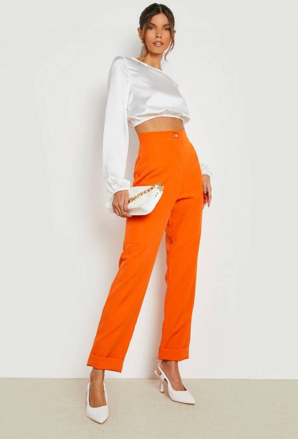 boohoo Cargo Broek Met Zak Detail En Omgeslagen Zoom, Orange
