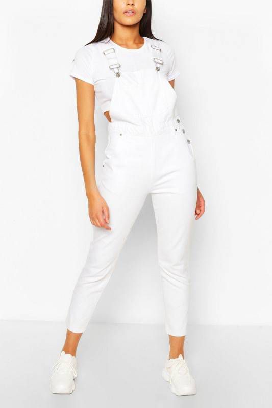 boohoo Denim Boyfriend Tuinbroek, Wit