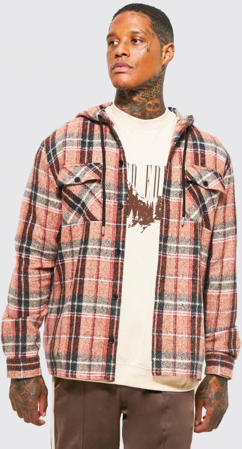 boohoo Dik Geborsteld Geruit Overhemd Met Capuchon, Burnt Orange