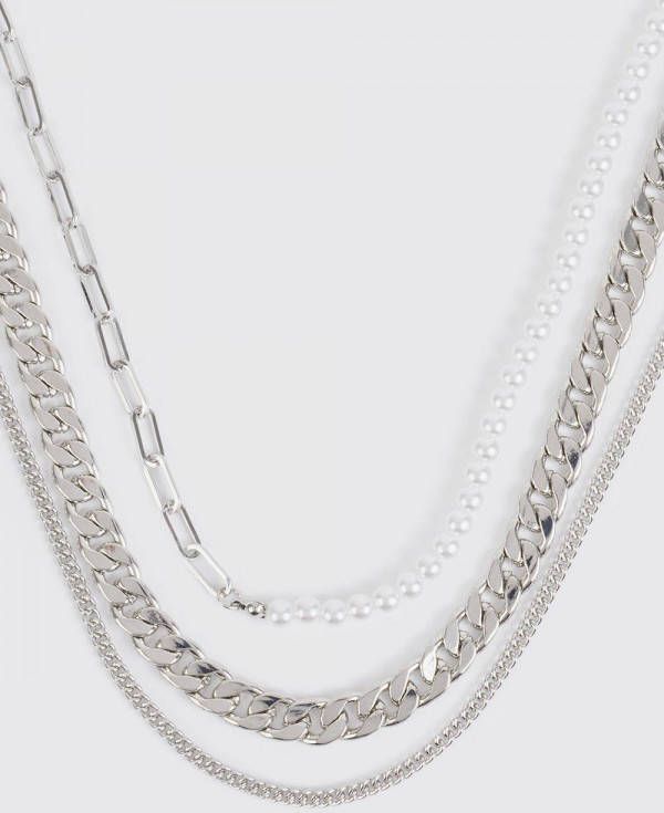 boohoo Dubbele Schakel Ketting Met Parel Detail, Silver