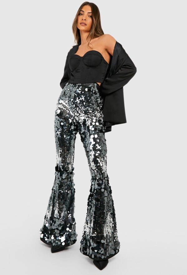 boohoo Flared Broek Met Pailletten, Silver