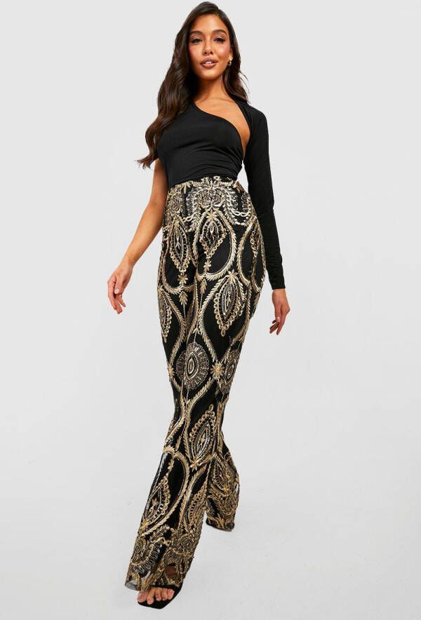boohoo Flared Damast Glitter High Waist Broek Met Pailletten, Gold