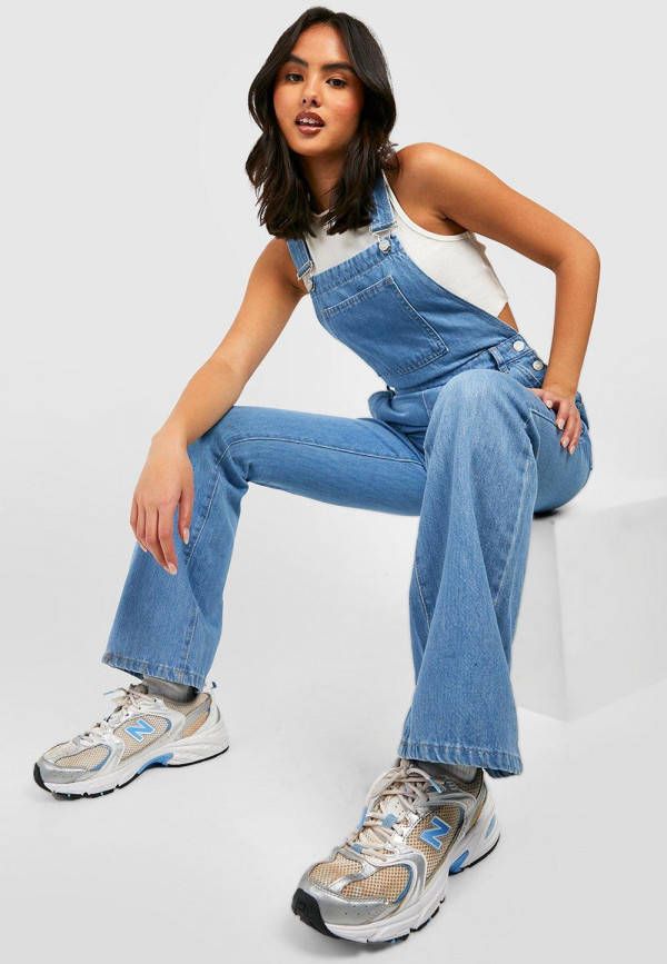 boohoo Flared Denim Tuinbroek, Mid Blue