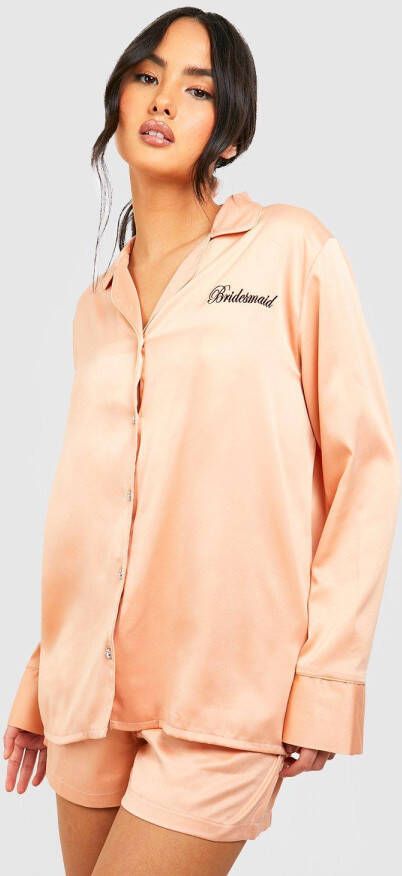 boohoo Geborduurde Satijnen Premium Bruidsmeisjes Pyjama Set Met Shorts En Strik, Rose Gold