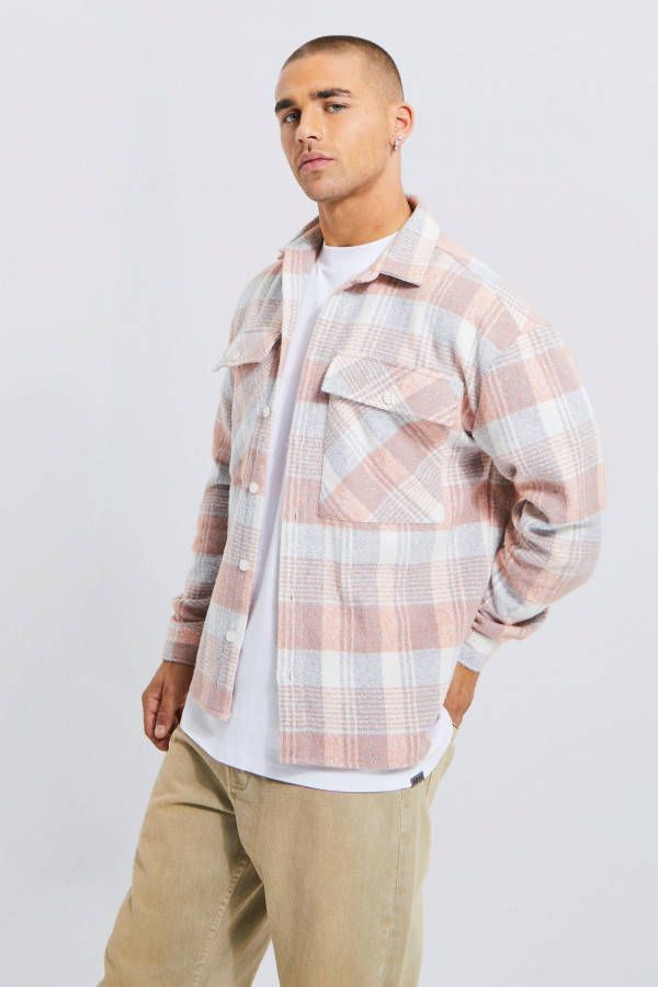 boohoo Geborsteld Geruit Boxy Overhemd Met Grote Zakken, Pale Orange