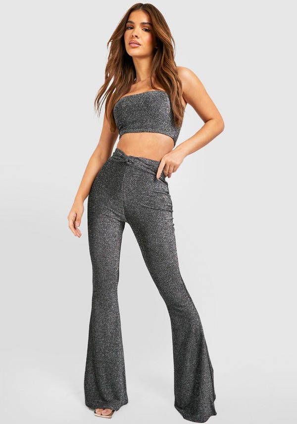 boohoo Geknoopte Flared Glitter Broek, Silver