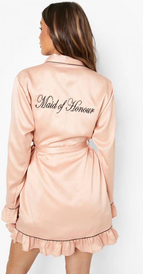 boohoo Gerecyclede Premium Geborduurde Maid Of Honour Badjas Met Franjes, Rose Gold
