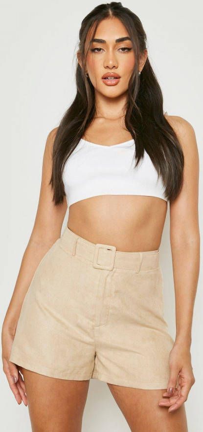 boohoo Getailleerde Corduroy Shorts Met Ceintuur, Stone