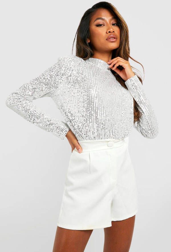 boohoo Glitter One Piece Met Hoge Hals En Pailletten, Silver