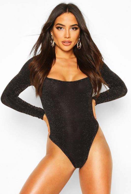 boohoo Glitter One Piece Met Vierkante Hals En Lange Mouwen, Goud