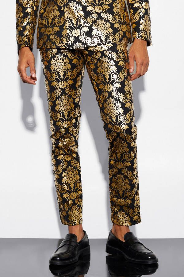 boohoo Ingekorte Satijnen Baroque Print Slim Fit Pantalons, Gold