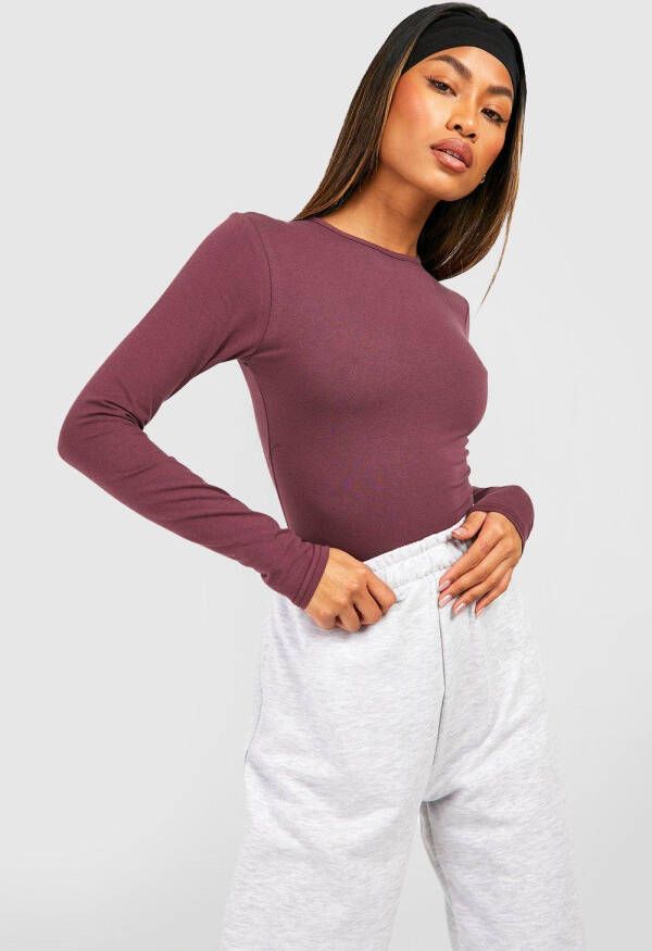 boohoo Katoenen Mix & Match One Piece Met Lange Mouwen En Crewneck, Plum