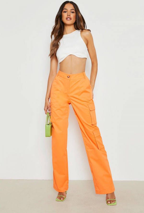 boohoo Keperstof Cargo Wide Leg Broek Met Zijzakken, Orange