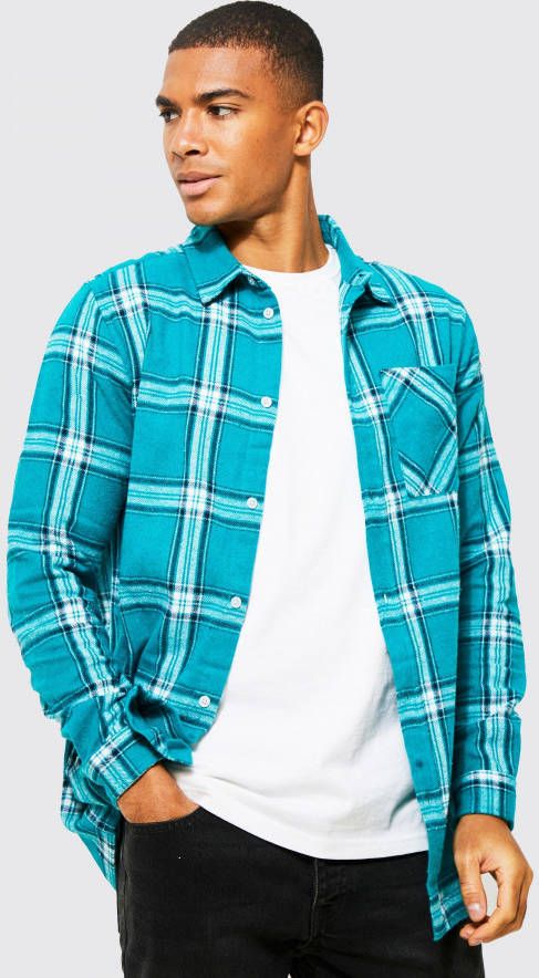 boohoo Lang Geruit Overhemd Met Lange Mouwen, Teal