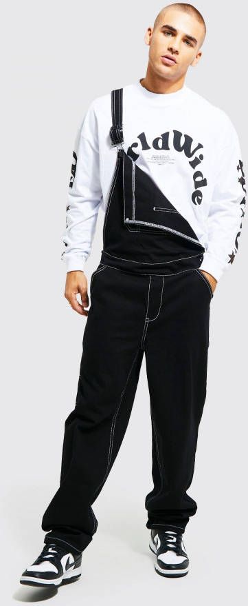 boohoo Lange Baggy Tuinbroek Met Contrasterende Stiksels, Black