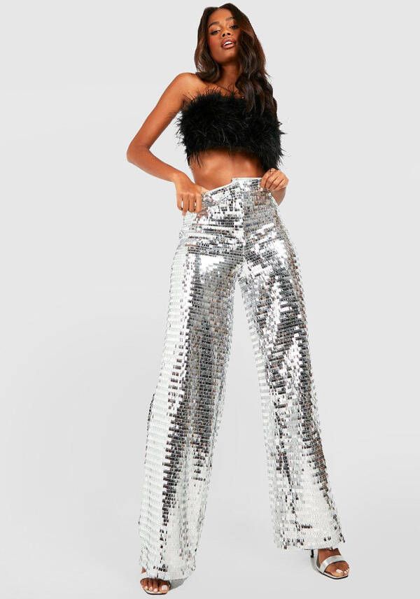 boohoo Lange Glitter Wide Leg Broek Met Pailletten, Silver