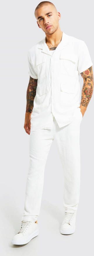 boohoo Linnen Cargo Overhemd En Broek, White