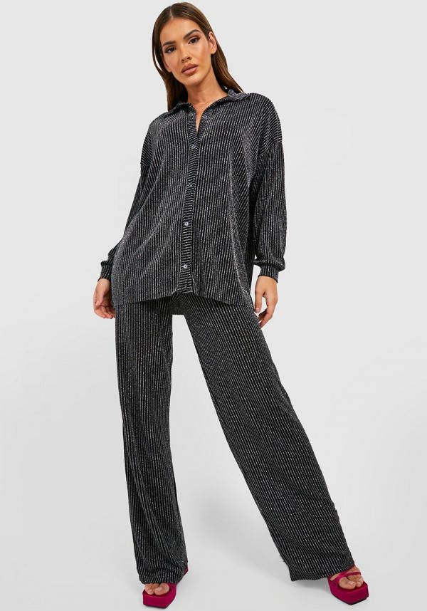 boohoo Metallic Plisse Wide Leg Broek, Silver