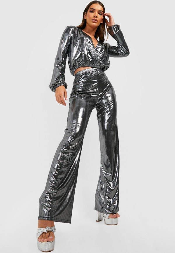 boohoo Metallic Wide Leg Broek, Silver