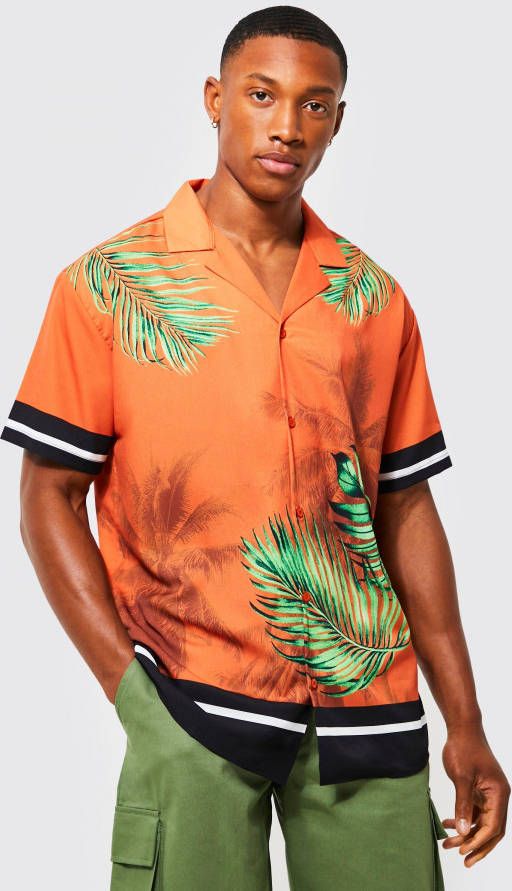 boohoo Oversized Palm Print Overhemd Met Revers Kraag, Orange
