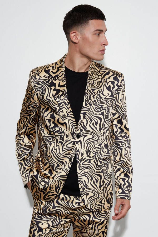 boohoo Oversized Satijnen Boxy Marmerprint Colbert, Gold