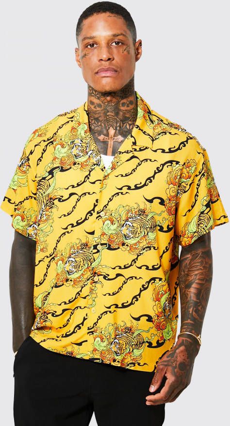 boohoo Oversized Tijgerprint Boxy Overhemd Met Revers Kraag, Orange