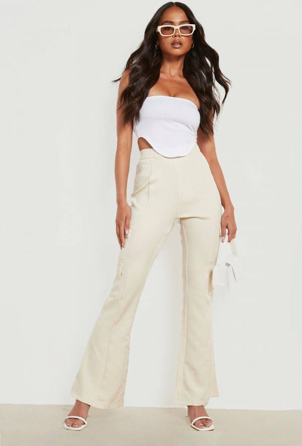 boohoo Petite Cargo Broek Met Naaddetail En Wijde Pijpen, Ivory