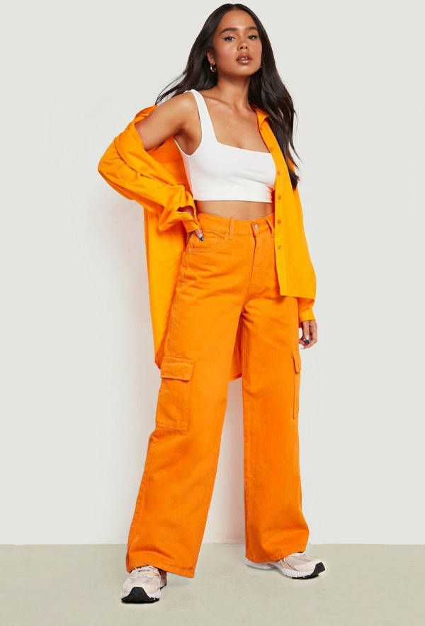boohoo Petite Cargo Broek Met Zak Detail En Rechte Pijpen, Orange