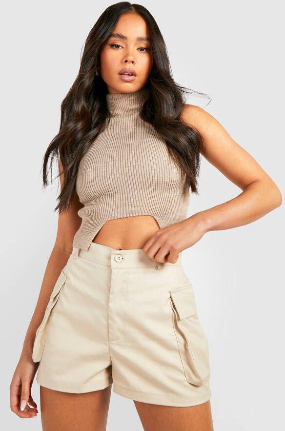 boohoo Petite Geweven Cargo Shorts Met Zak Detail, Stone