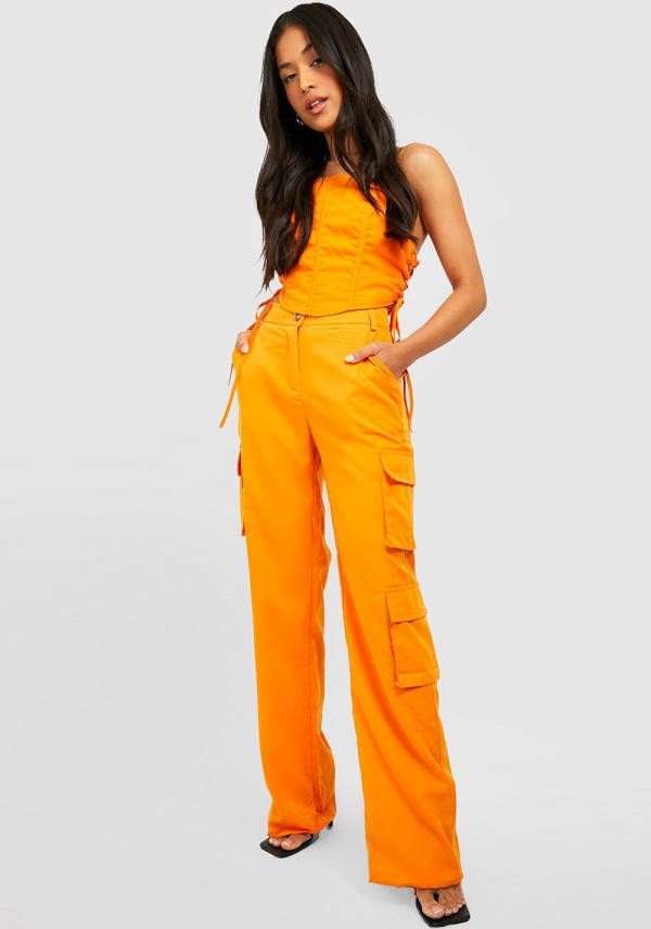 boohoo Petite Keperstof Cargo Wide Leg Broek Met Zakken, Orange