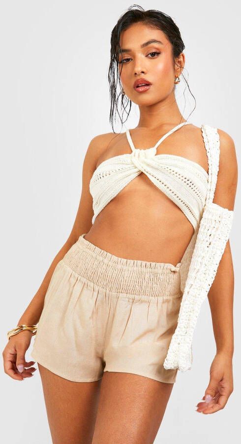 boohoo Petite Linnen Shorts Met Geplooide Taille, Stone