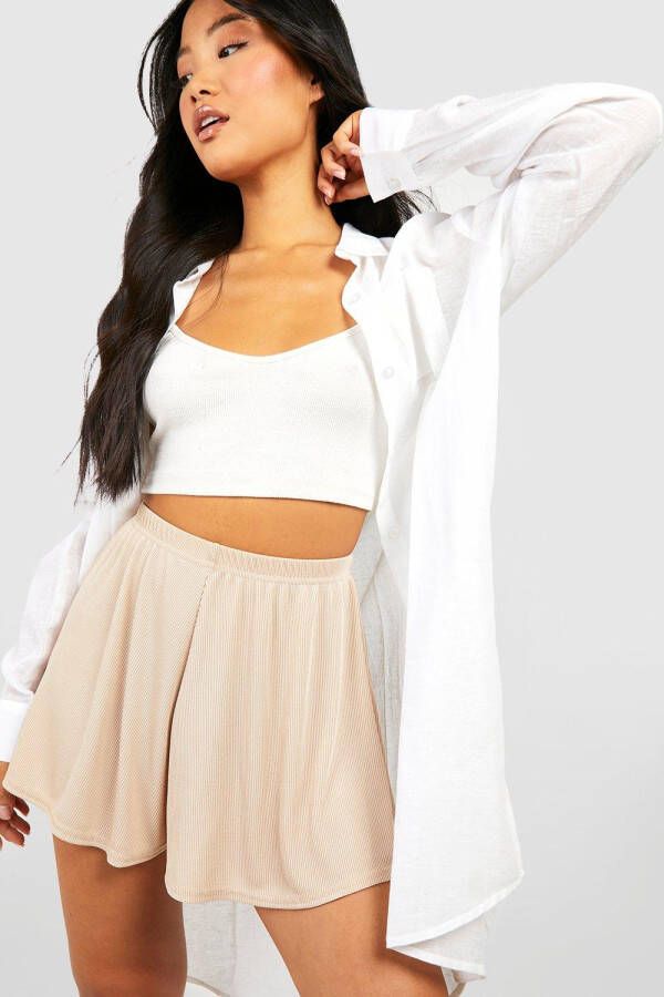 boohoo Petite Oversized Losse Geribbelde Shorts, Stone