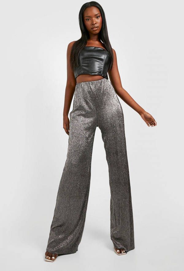boohoo Plisse Metallic High Waist Broek, Silver