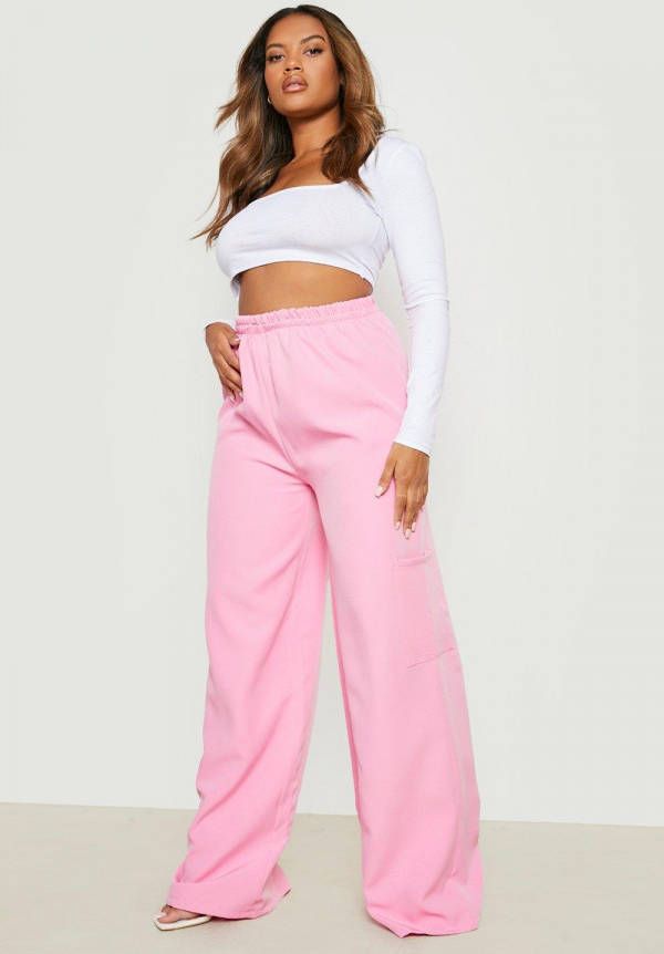 boohoo Plus Cargo Broek Met Elastische Taille En Zakken, Baby Pink