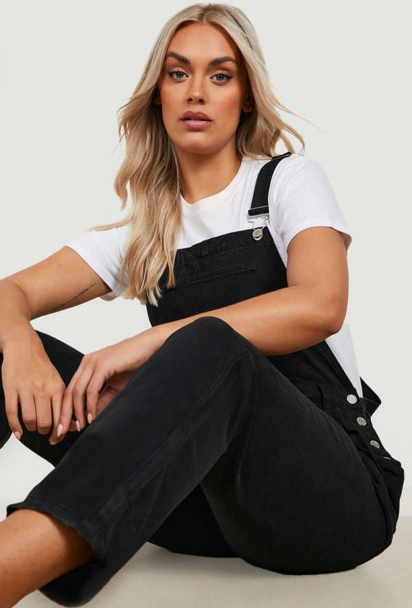 boohoo Plus Denim Boyfriend Tuinbroek, Black