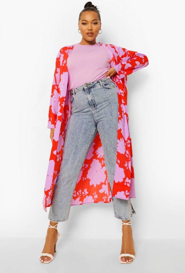 boohoo Plus Fel Bloemenpatroon Kimono, Orange
