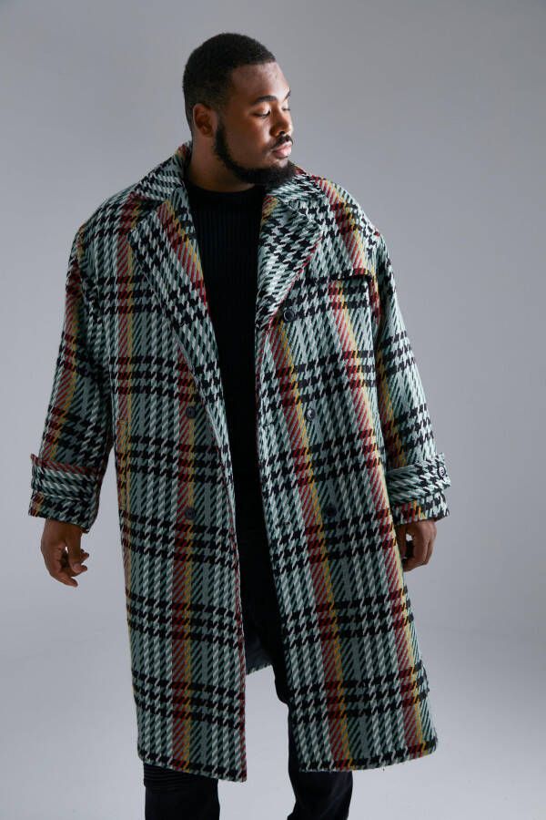 boohoo Plus Geruite Wollen Overjas Met Dubbele Knopen, Multi