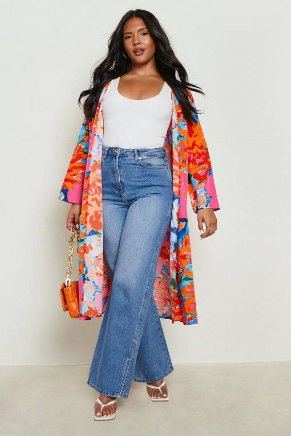 boohoo Plus Geweven Bloemen Midi Kimono, Orange