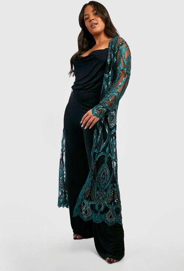 boohoo Plus Long Line Damast Glitter Duster Jas Met Pailletten, Teal