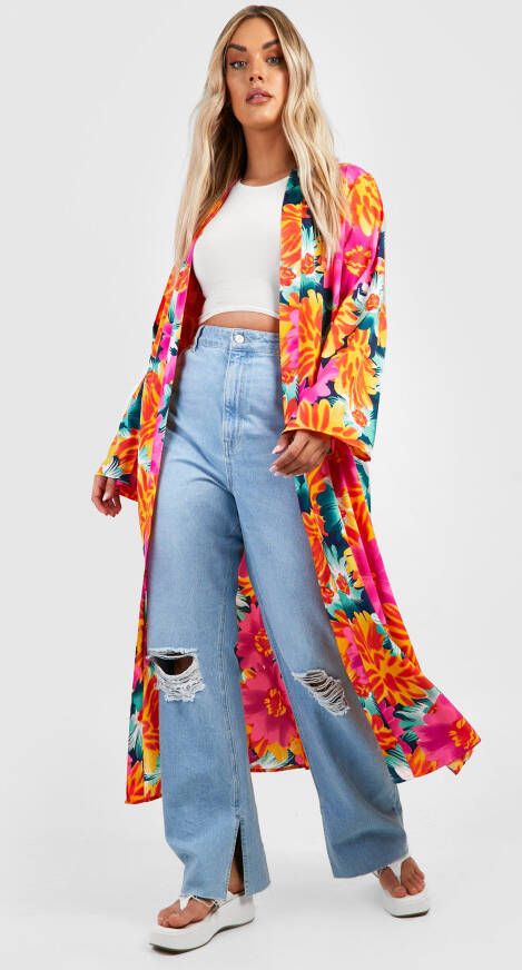 boohoo Plus Ori&#xEB, ntaalse Bloemenprint Maxi Kimono, Orange