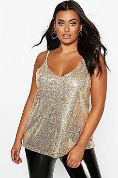 boohoo Plus Hemdje Met V Hals En Pailletten, Goud